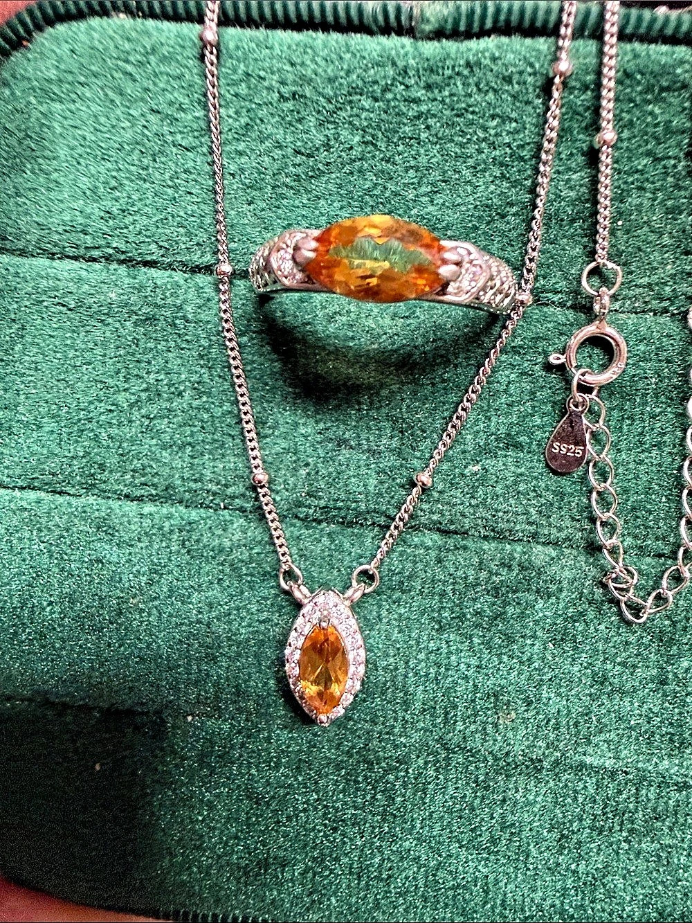 Citrine& Silver 925 Ring and Necklace Set Ring size 8 adjustable